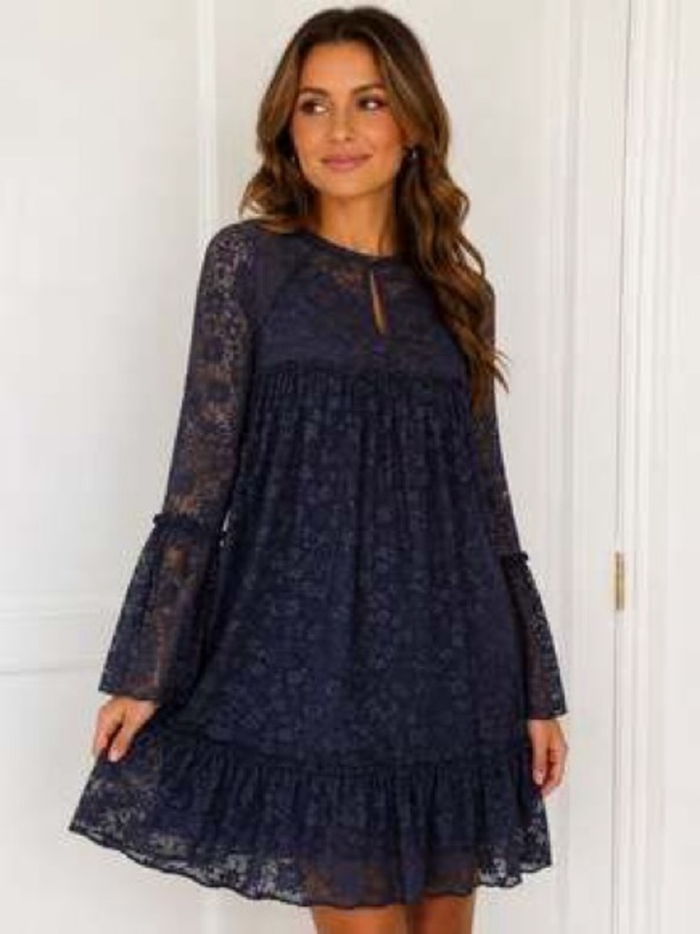 Michael Kors Floral Lace Babydoll Dress in True Navy
Size Medium